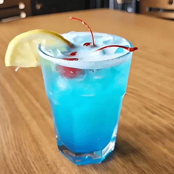 A vibrant blue cocktail with a lemon slice and two maraschino cherries on a wooden table.